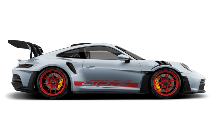 Voiture de sport Porsche 911 GT3 RS gris avec détails rouges et jantes rouges avec frein à disque jaune, vue de côté.