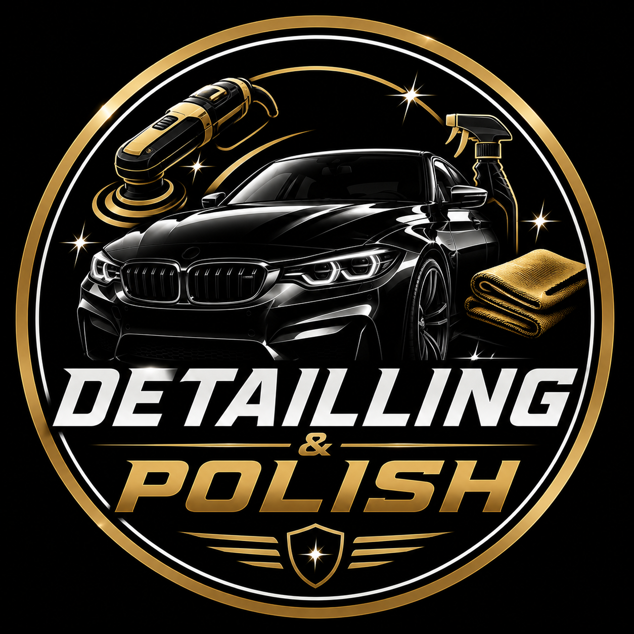 Logo de lavage et de polissage de voiture avec une voiture noire, un polishur, une bouteille de produit, des serviettes en microfibre, et le texte "DÉTATILLAGE & POLISH" en blanc et or sur fond noir.
