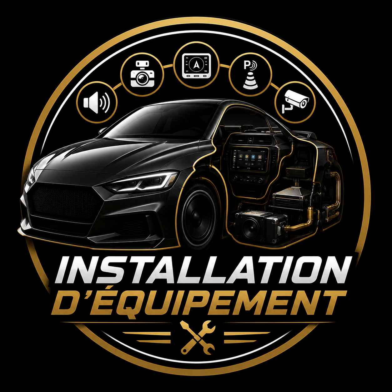 Icône d'installation d'équipement pour une voiture électrique, avec une voiture noire et des éléments de câblage.