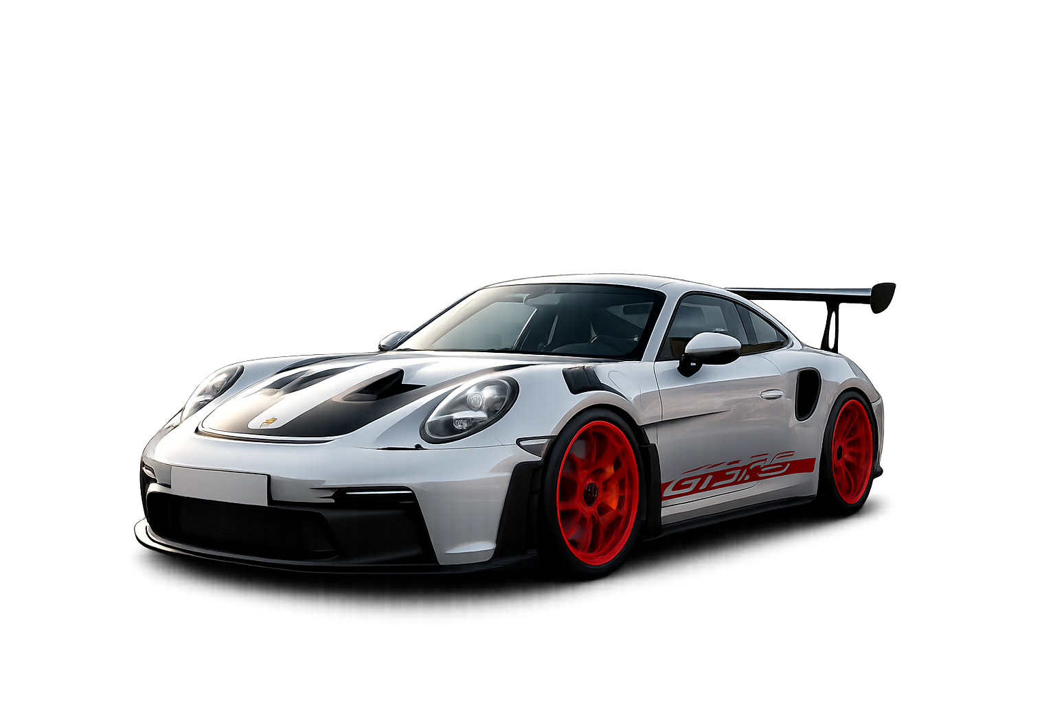 Voiture de course blanche avec des accents noirs et des roues rouges, avec un grand aileron arrière, sur un fond coloré abstrait.