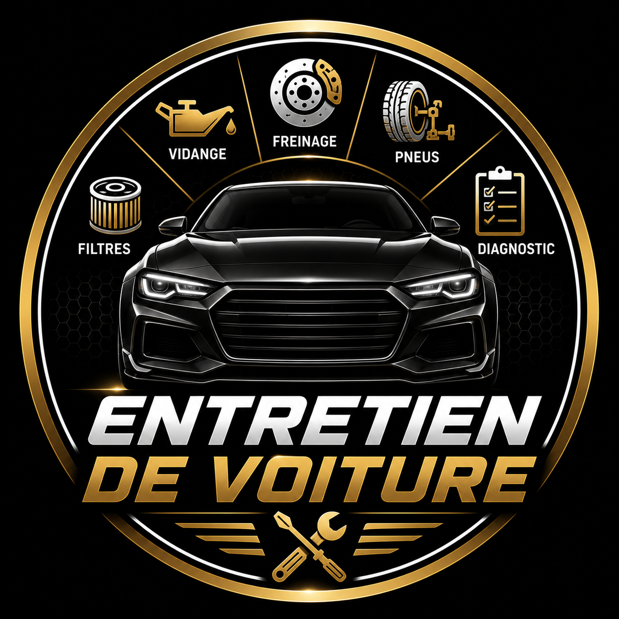 Logo de service d'entretien de voiture, avec une voiture noire au centre, entourée d'icônes pour vidange, freinage, pneus, filtres, diagnostic, avec texte en français et un symbole d'outils en bas.