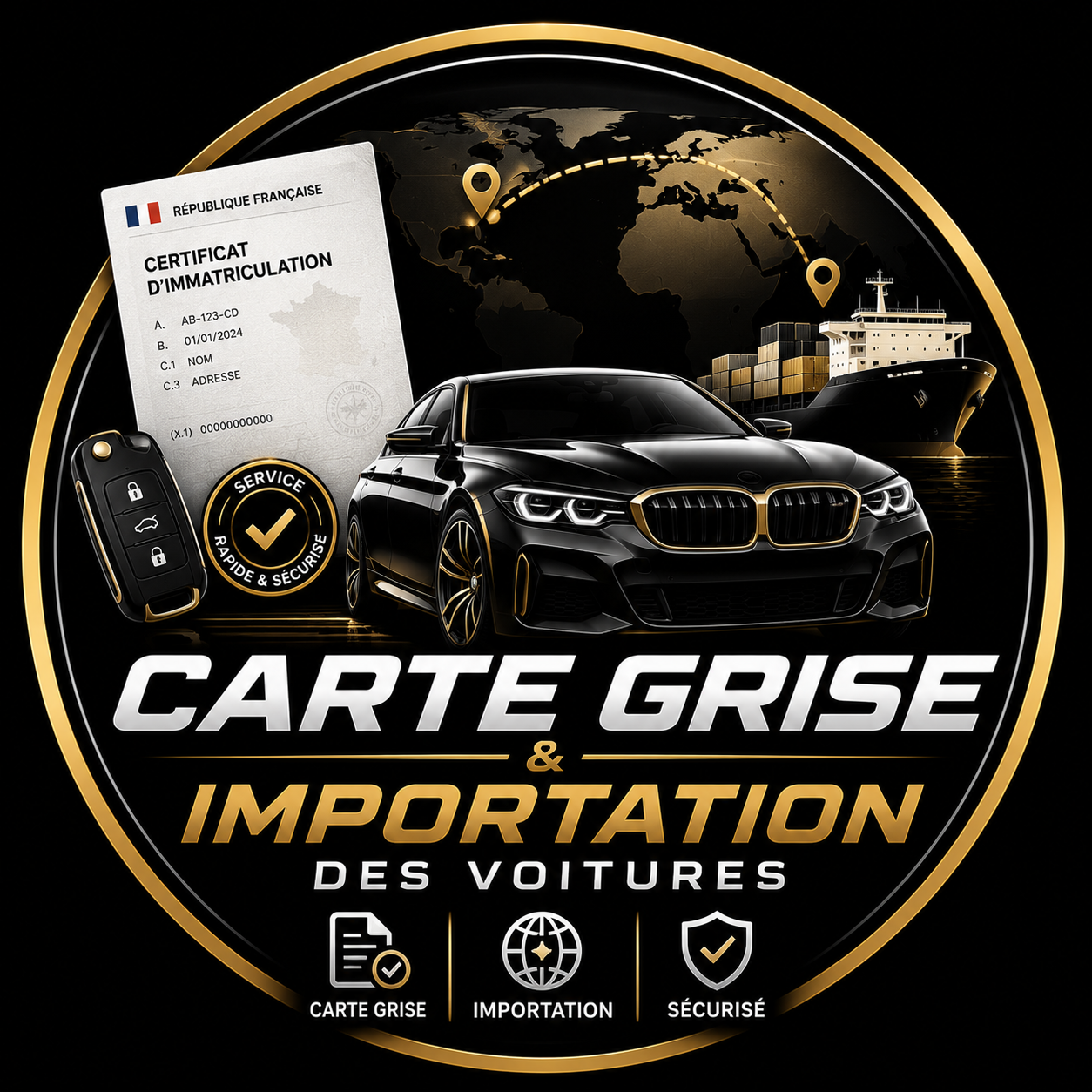 Logo avec voiture noire, carte grise, clé, bateau, carte d'immatriculation, globe, et icônes pour carte grise, importation, et sécurité, pour importation et cartes grises de voitures.