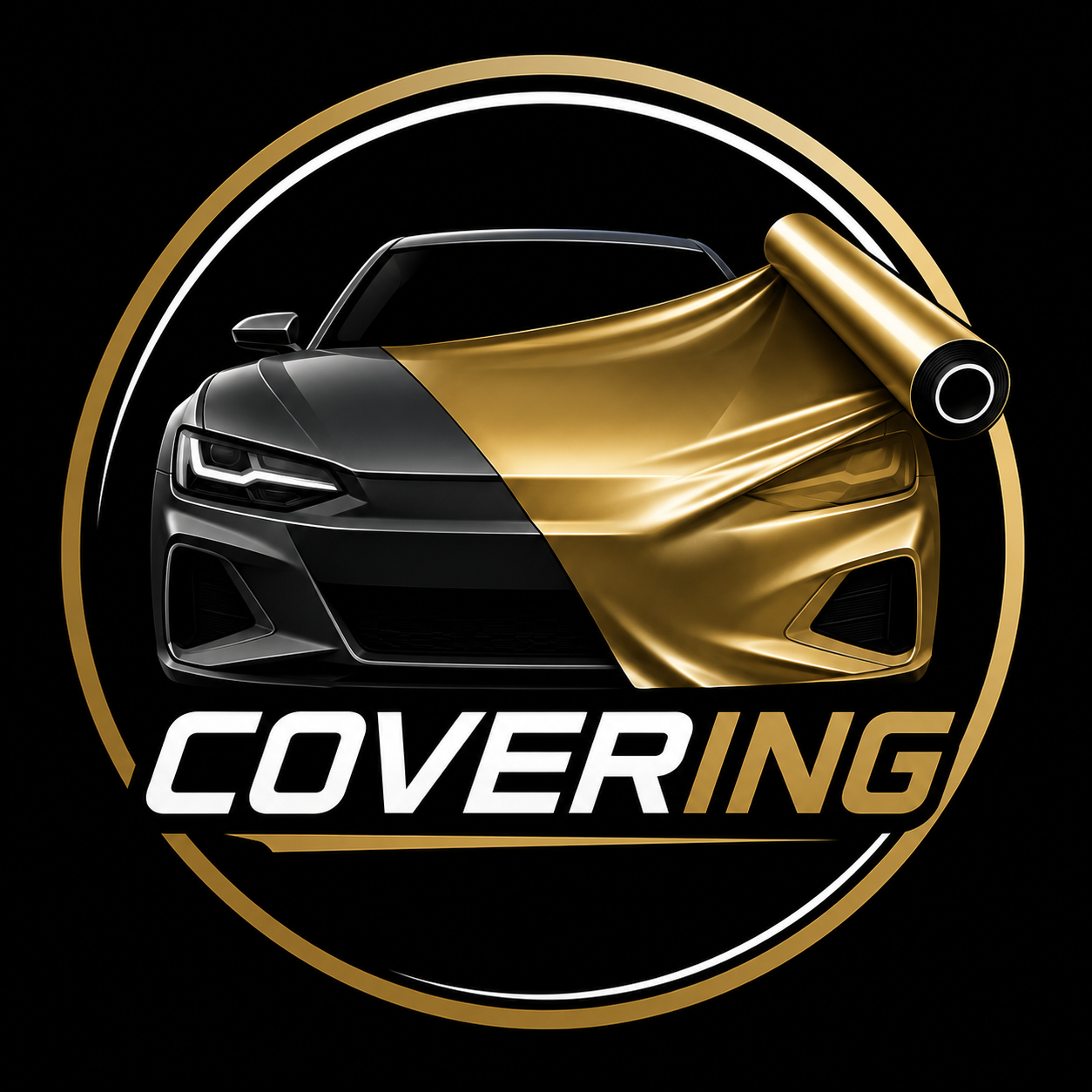 Logo avec une voiture noire et dorée, moitié en peinture, moitié en couverture, avec le texte "Covering" en blanc et doré.