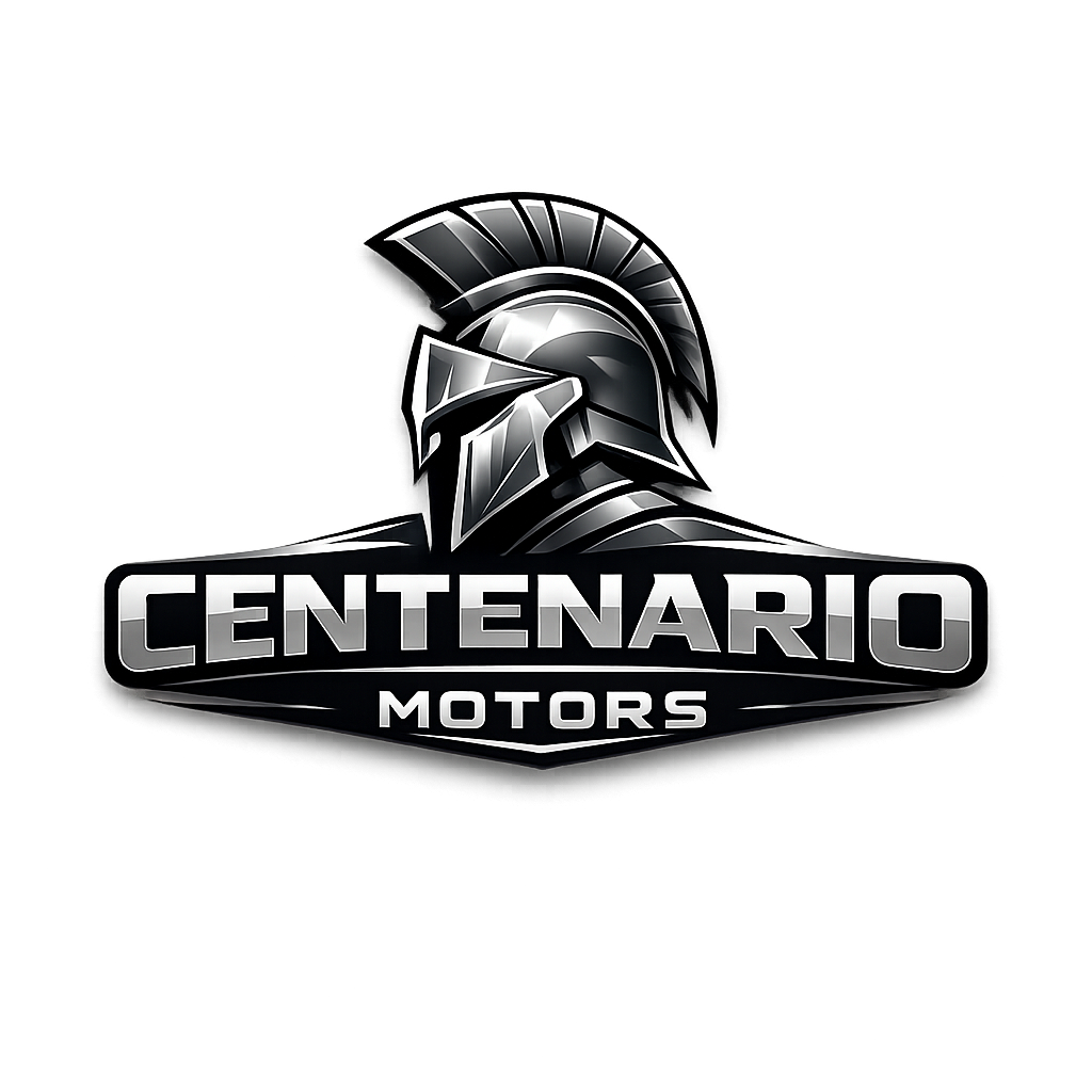 Logo en noir et blanc d'un casque de chevalier avec le texte "Centenario Motors" en dessous.