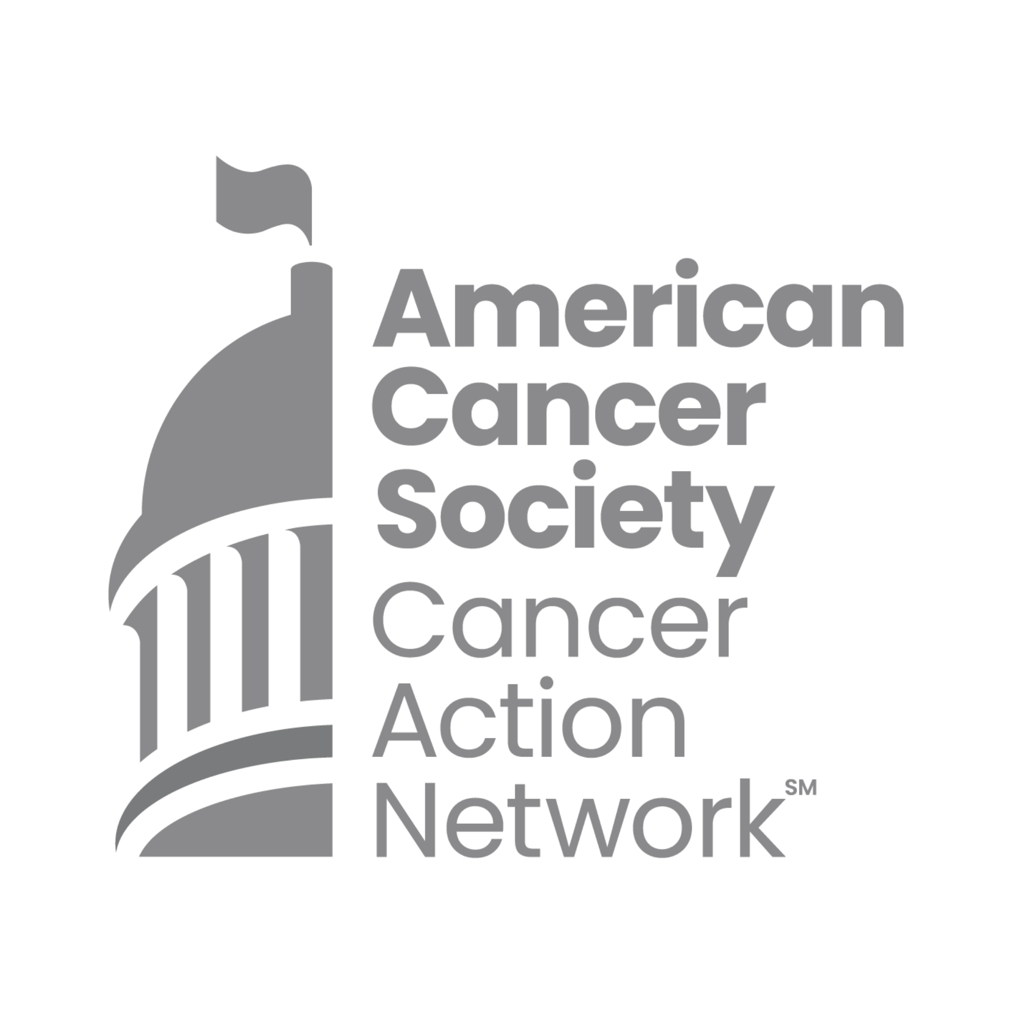 Black and white logo of the American Cancer Society Cancer Action Network with a stylized flag on a shield and the text 'American Cancer Society' and 'Cancer Action Network'