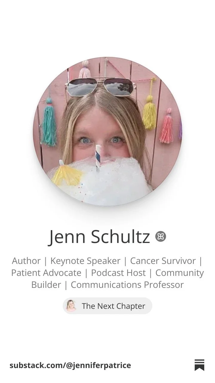 Jenn Patrice Schultz, a young woman with blonde hair and blue eyes wearing sunglasses on her head, holding cotton candy in front of her face, standing in front of a pink background with colorful tassel decorations.