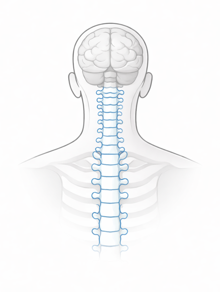 Back view of a human head and neck highlighting the brain and spinal cord in blue.