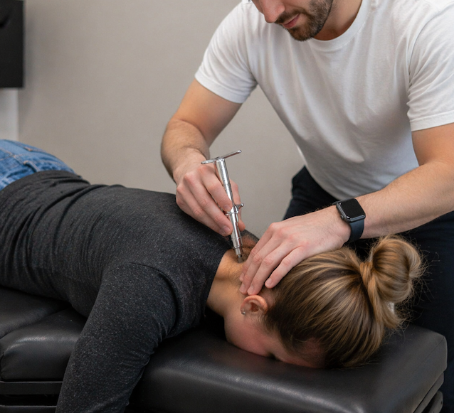 Chiropractor adjusting a woman's neck with a specialized tool in a clinic.