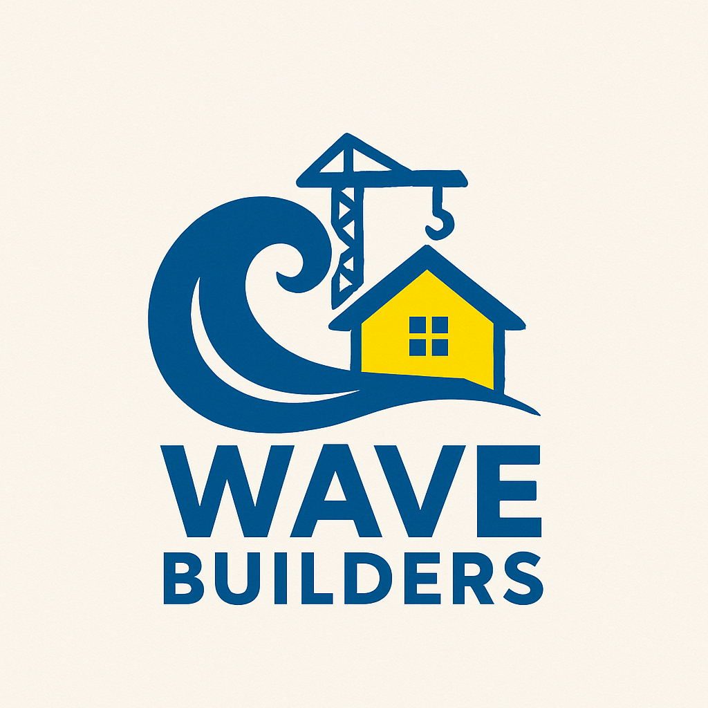 Logo for Wave Builders featuring a wave, a yellow house with a blue roof, and a construction crane with the text 'Wave Builders'.