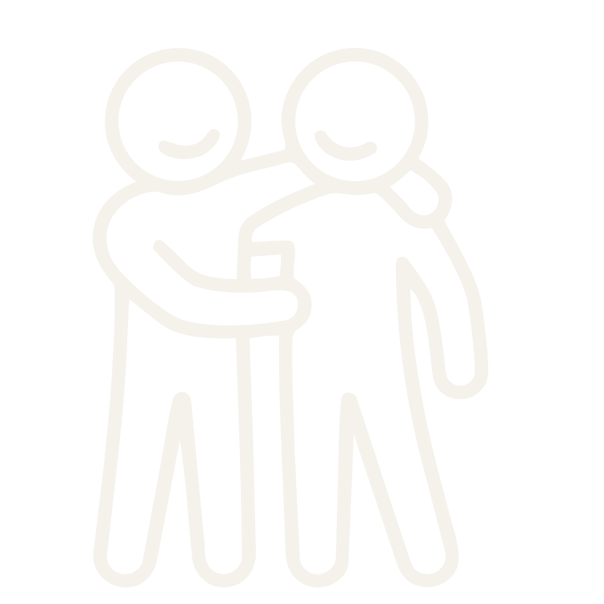 Outline drawing of two people, one holding a microphone, in front of a black background.