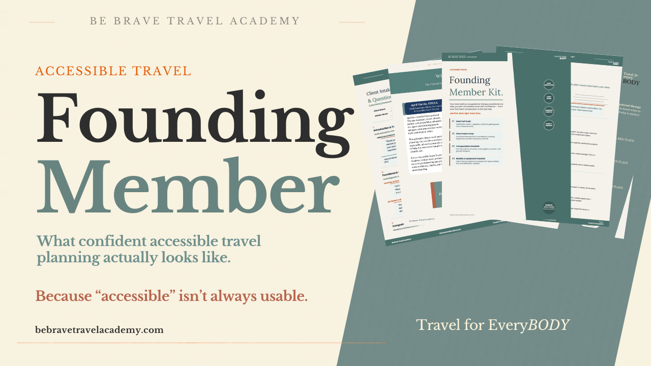 Promotional image for the Be Brave Travel Academy Founding Member program showing training documents, educational resources, and accessible travel coursework materials.