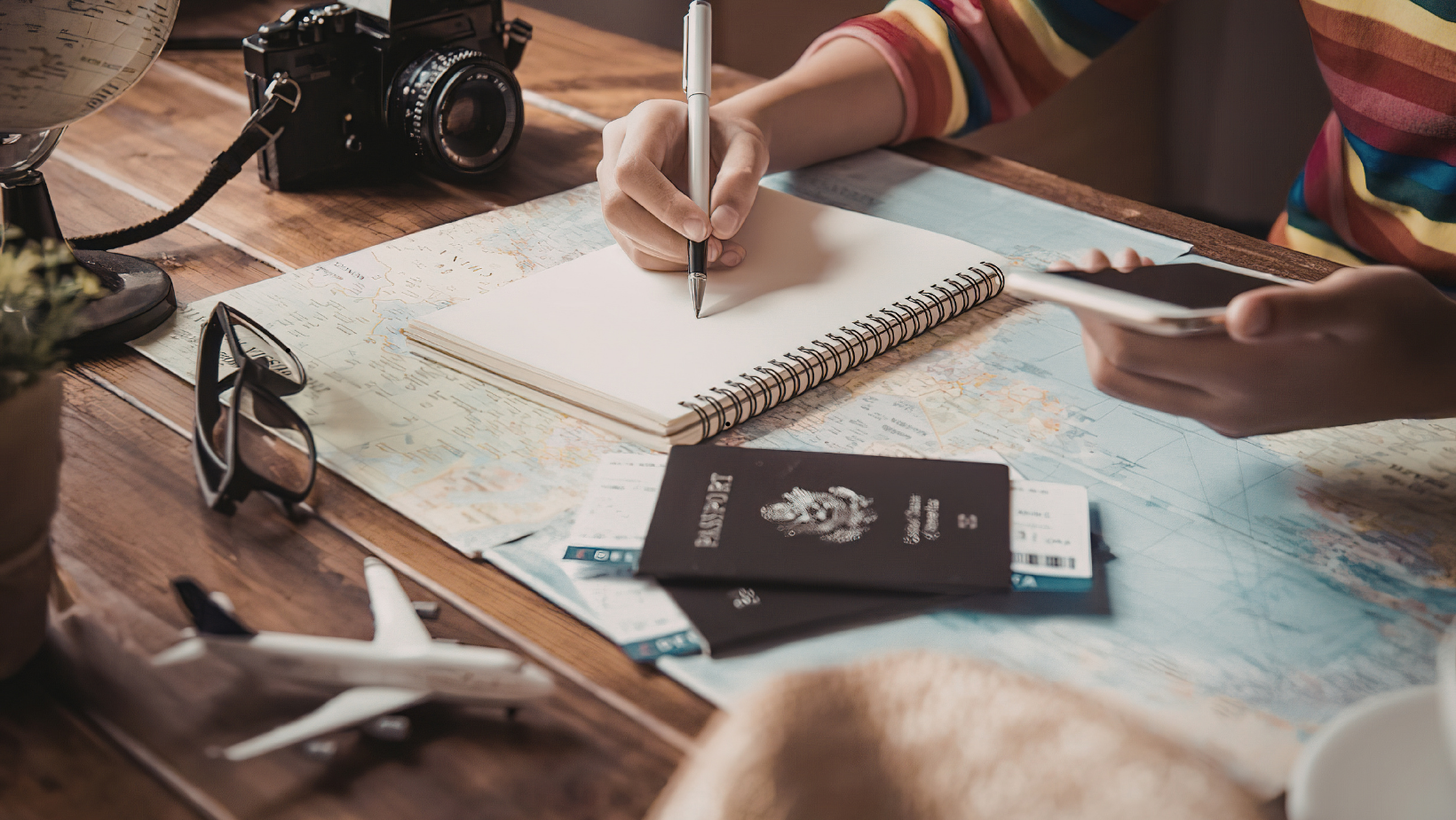 Person planning a trip at a table with a map, passport, smartphone, and travel documents while writing notes in a notebook.