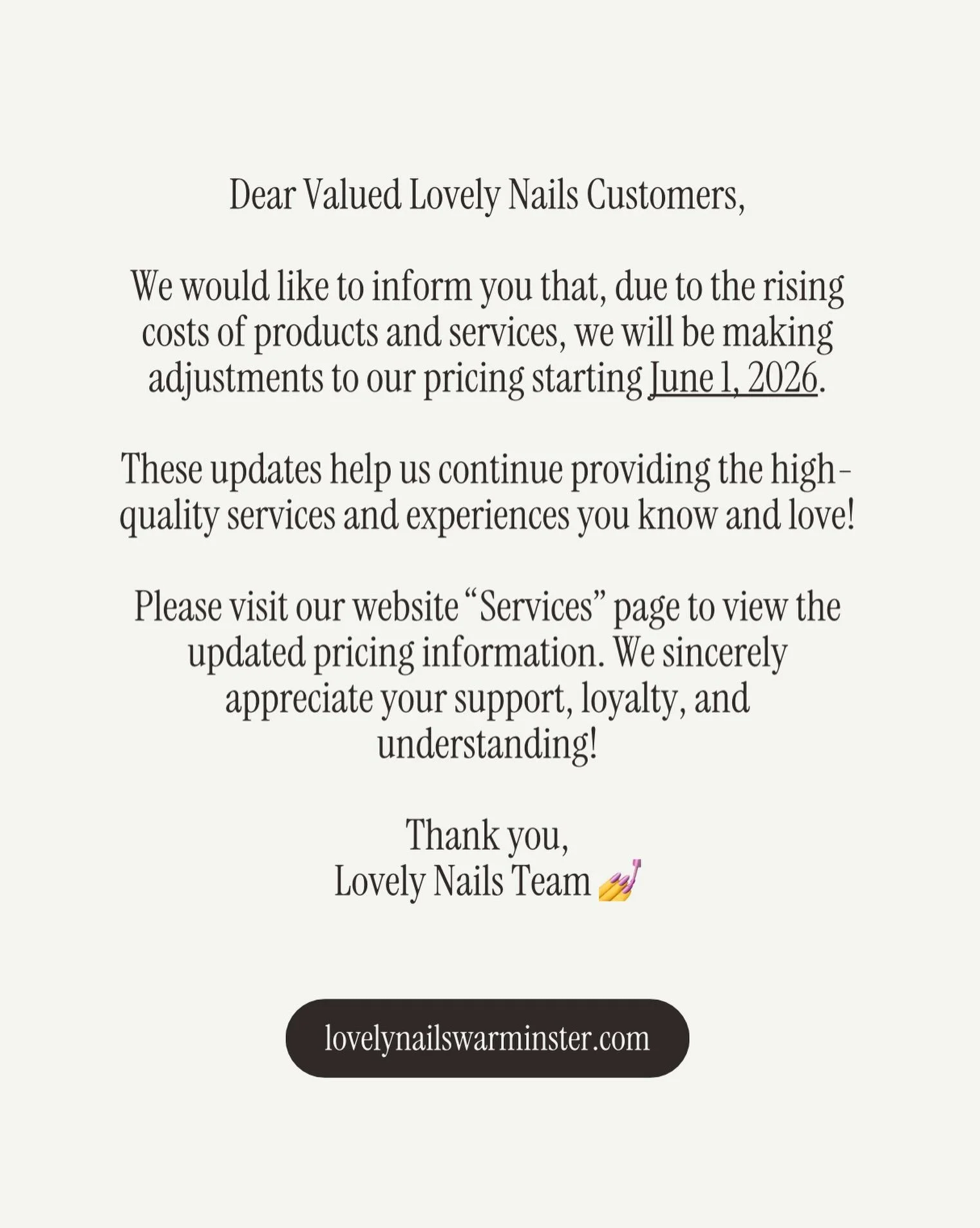 Thank you for being a part of the Lovely Nails Family 🩷

Please visit www.lovelynailswarminster.com/services to view the updated pricing information 🥰