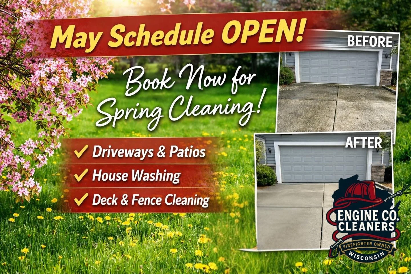 🚨 May Schedule is OPEN! 🚨

Spring is here and it&rsquo;s the perfect time to get your home looking its best 🌸

If your driveway, siding, or outdoor spaces took a hit this winter, now&rsquo;s the time to take care of it before summer hits.

We offe
