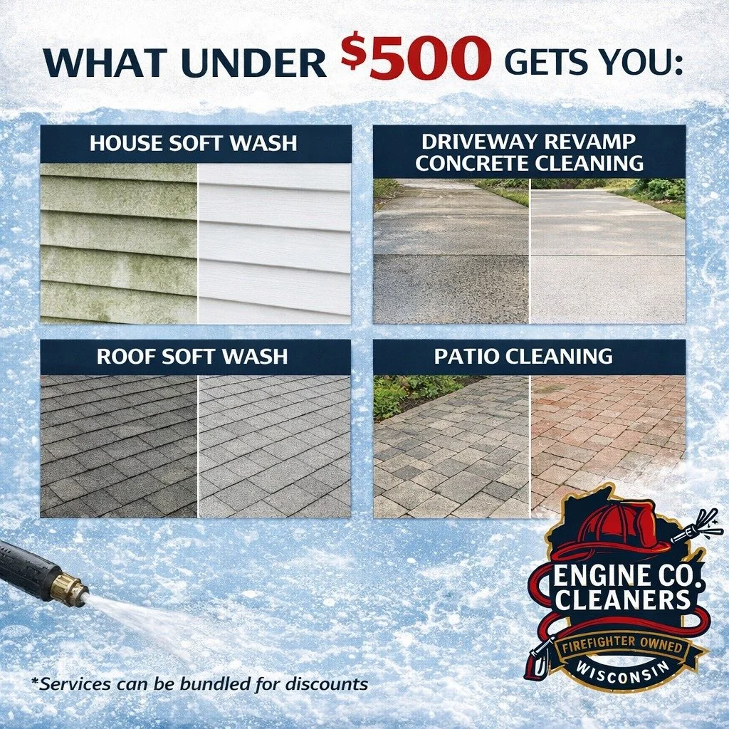 What can less than $500 do for your home?

For many homeowners in Southeast Wisconsin, that can mean any one of these:

✔ Bright, clean siding
✔ A restored driveway and sidewalks
✔ Removal of algae and winter buildup
✔ Instantly improved curb appeal
