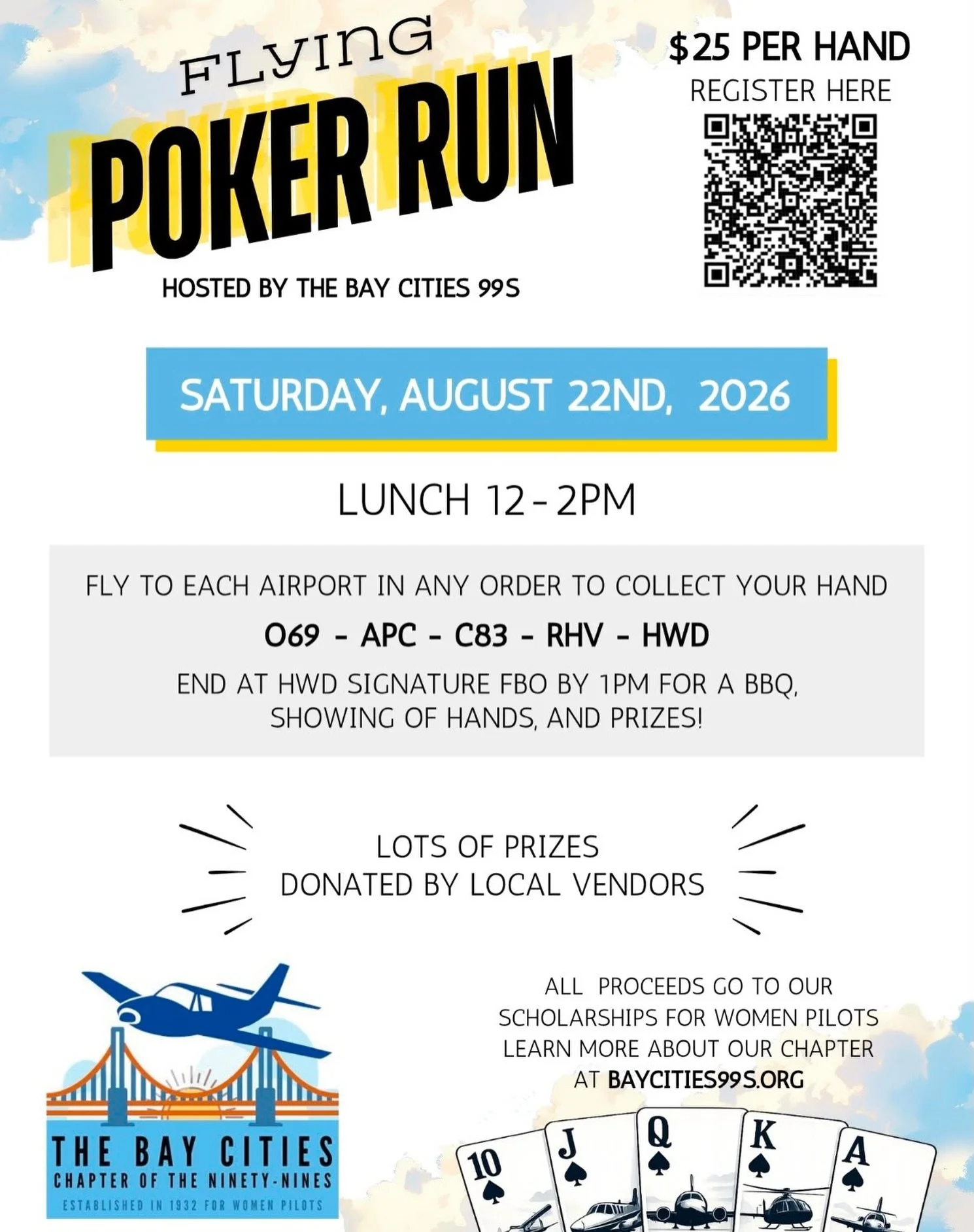 Mark your calendars for our next Poker Run fundraiser! Fly in or purchase poker hands to play&mdash;all proceeds support our scholarship fund, helping women in aviation achieve their dreams. We hope you&rsquo;ll join us and make a difference!

#bayci