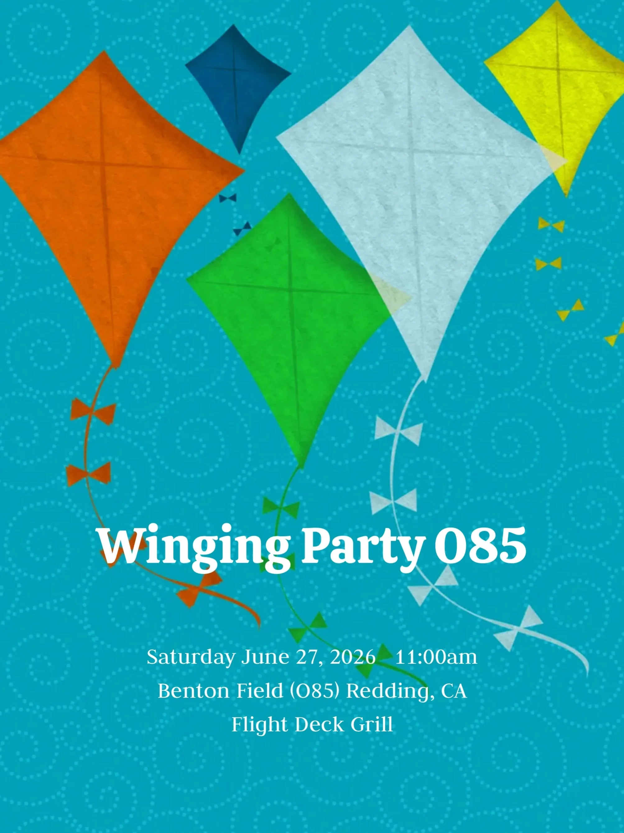 Please join this Saturday for a fun-filled winging party!

Winging Party Benton Airport (O85)
DATE &amp; TIME
Sat, Jun 27
11:00 AM PDT

LOCATION
Flight Deck Grill
2600 Gold St
Redding, CA, 96001

#aviationadventures #womenpilots #bayareapilots #bayci
