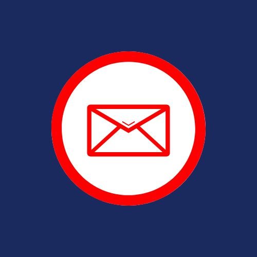 Icon of an envelope with a red outline inside a circle with a red border, on a dark blue background.