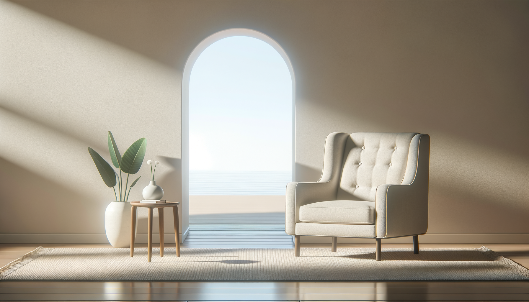 Bright, minimalist interior with a white armchair, a small wooden side table, and a large potted plant, near an arched window with sunlight streaming in.