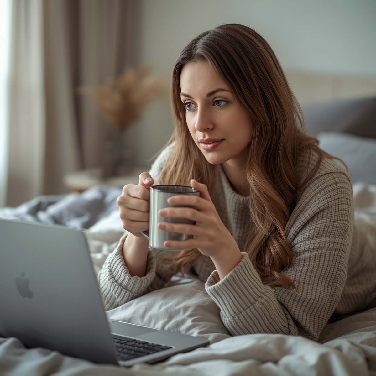 A woman with long brown hair and a beige sweater sitting on a bed, holding a gray mug, looking at a laptop.