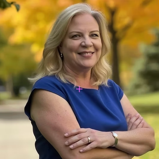 A blonde woman smiling outdoors with her arms crossed, wearing a blue dress and jewelry, with fall foliage in the background.