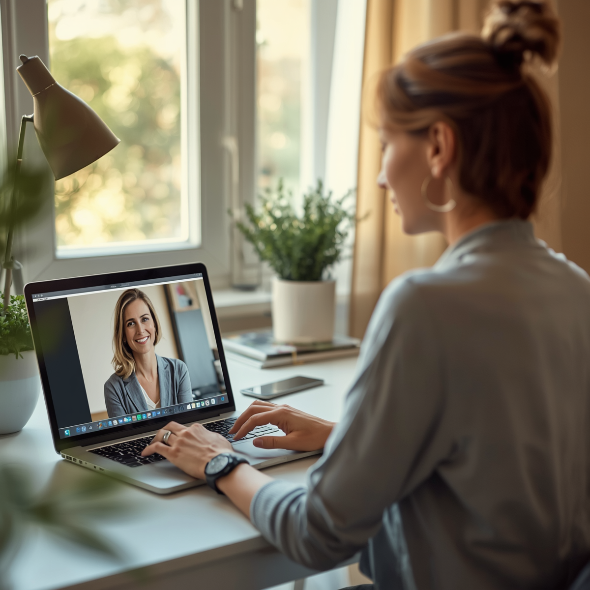 A woman sitting at a desk during a video call with another woman on her laptop, with sunlight coming through a window and houseplants on the desk.
