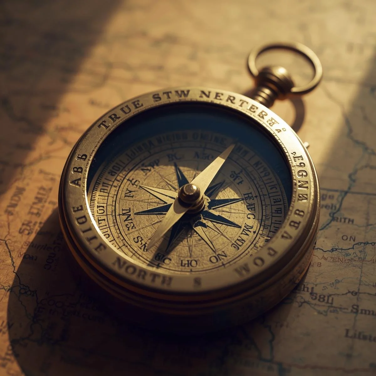 A vintage compass resting on an old map, showing cardinal directions and degrees.
