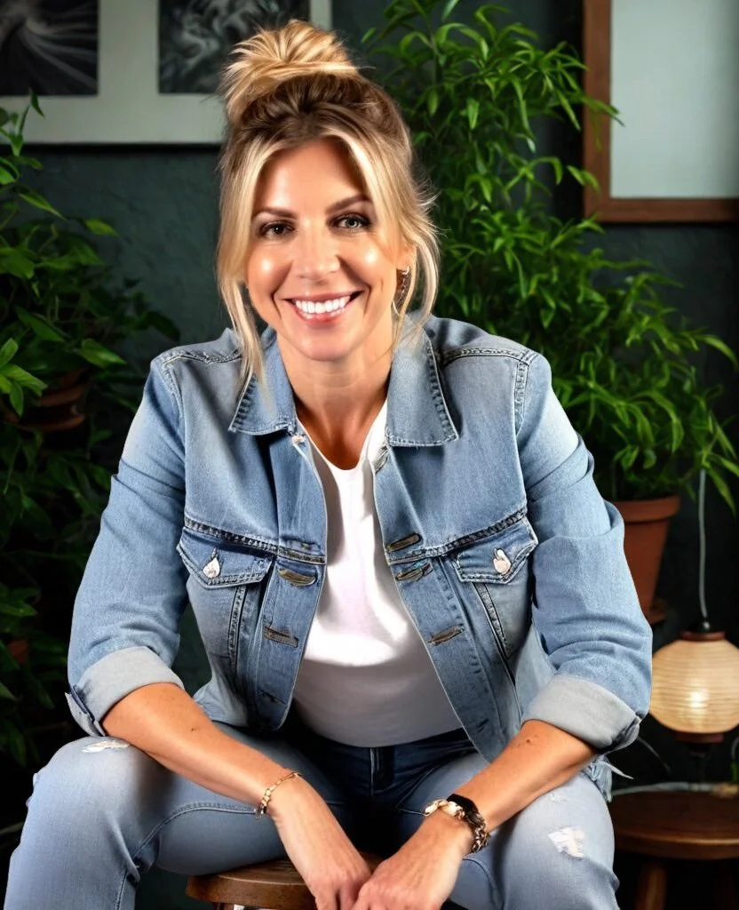 A woman with blonde hair tied in a messy bun, smiling, wearing a denim jacket and jeans, sitting on a wooden stool surrounded by green plants in an indoor setting.
