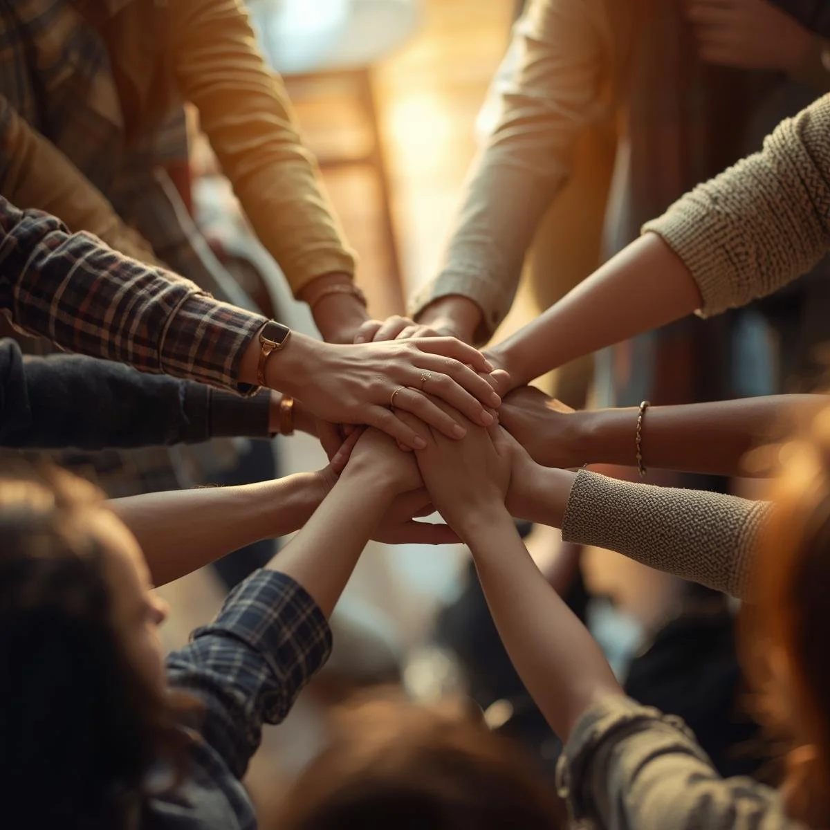Multiple people placing their hands together in a group gesture of unity.