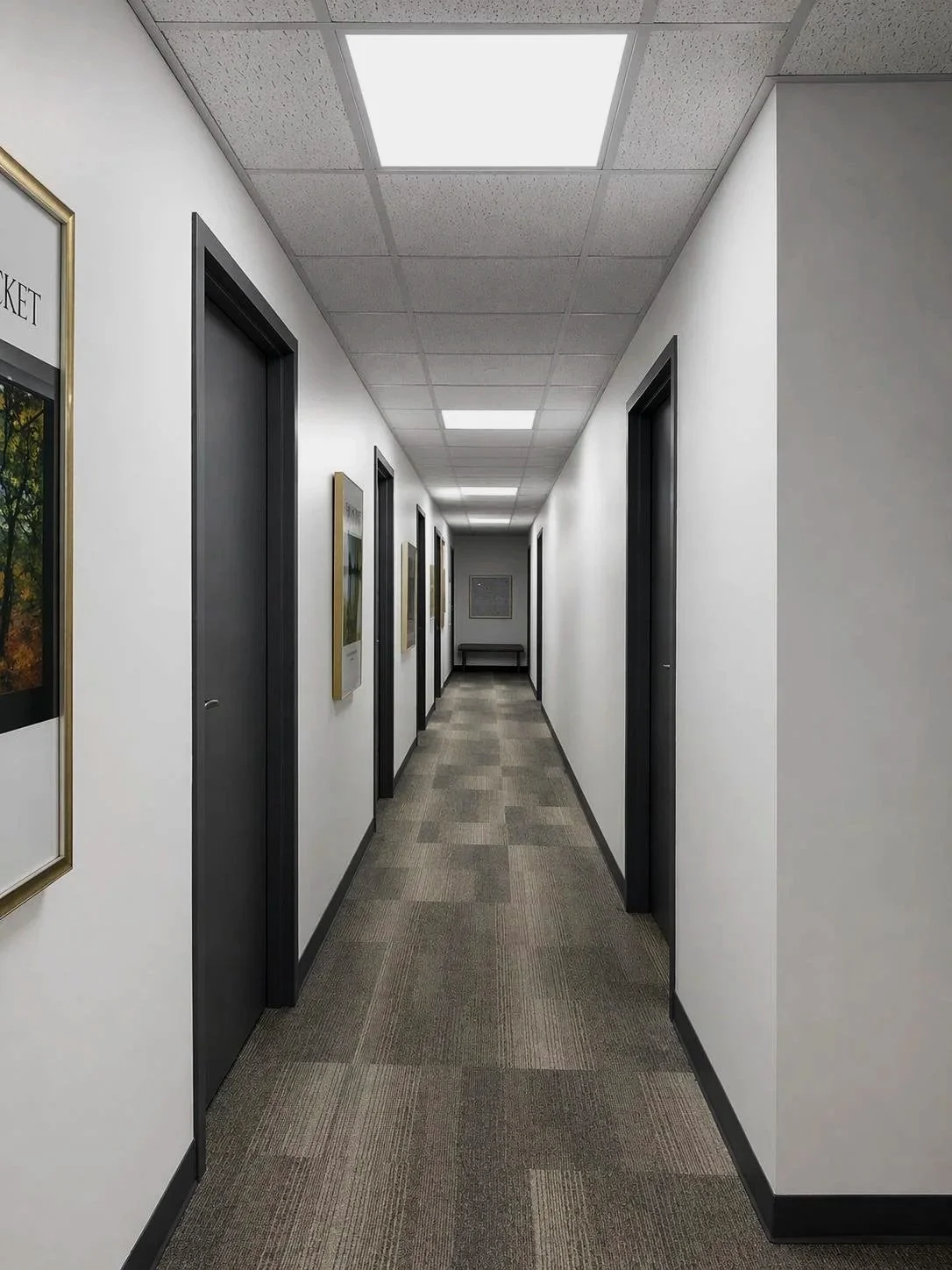commercial hallway renovation with drywall finishing, painting, suspended ceiling installation, ceiling lighting fixtures, carpet tile flooring and interior door installation