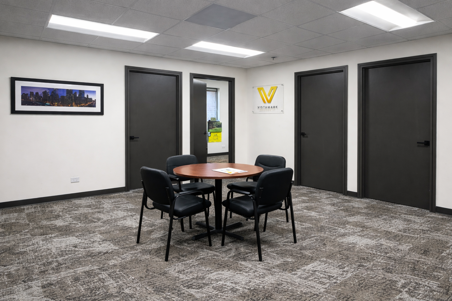 office conference room renovation with drywall finishing, painting, suspended ceiling, ceiling lighting fixtures and carpet tile flooring