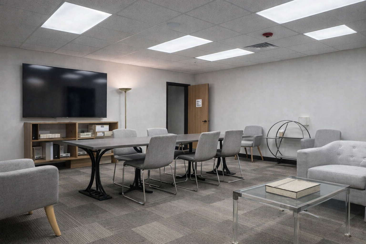 commercial conference room renovation with suspended ceiling installation, ceiling lighting fixtures, drywall finishing and painting