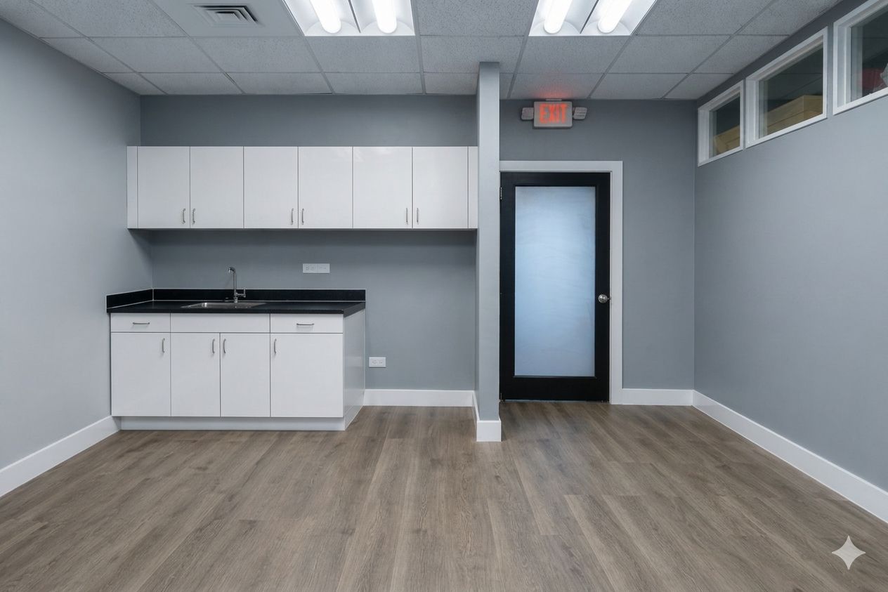 kitchenette installation with cabinet assembly, countertop installation, vinyl or wood flooring, drywall finishing and lighting fixtures
