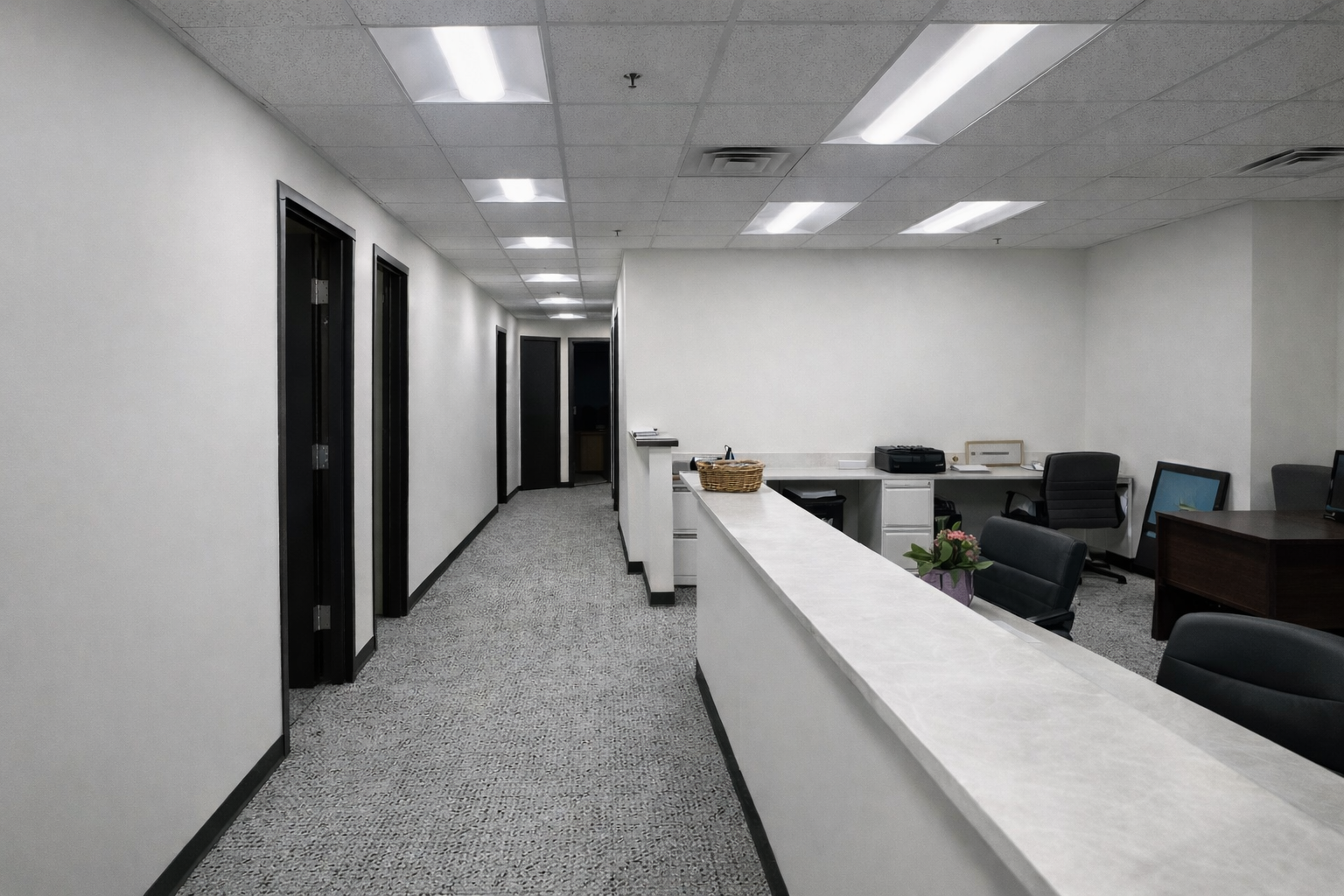 office reception renovation with drywall, painting, ceiling installation, lighting fixtures and interior doors