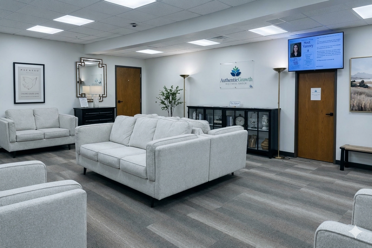 medical or office waiting area renovation with suspended ceiling, ceiling lighting fixtures, drywall finishing, painting and flooring installation