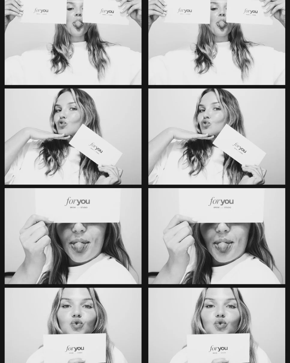 A woman with wavy hair in a white shirt making playful faces while holding a card that says "for you" in front of her face, with different expressions in each frame.