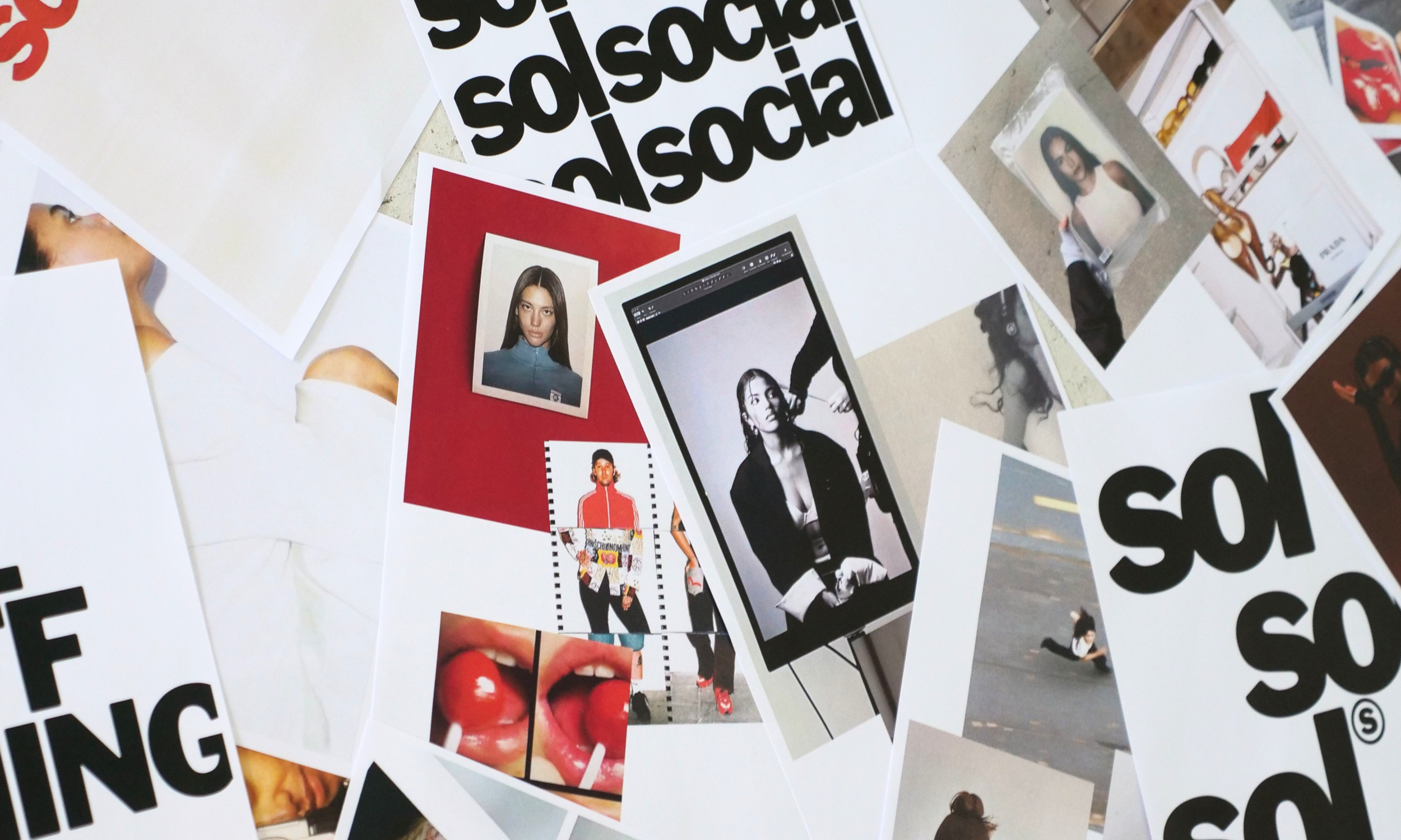 A collage of various photographs, logos, and images, including a black-and-white photo of a woman, a color photo of a woman with glasses, a photo of a person in a red jacket, several smaller pictures of faces and scenes, and multiple "sol social" logos in black text.