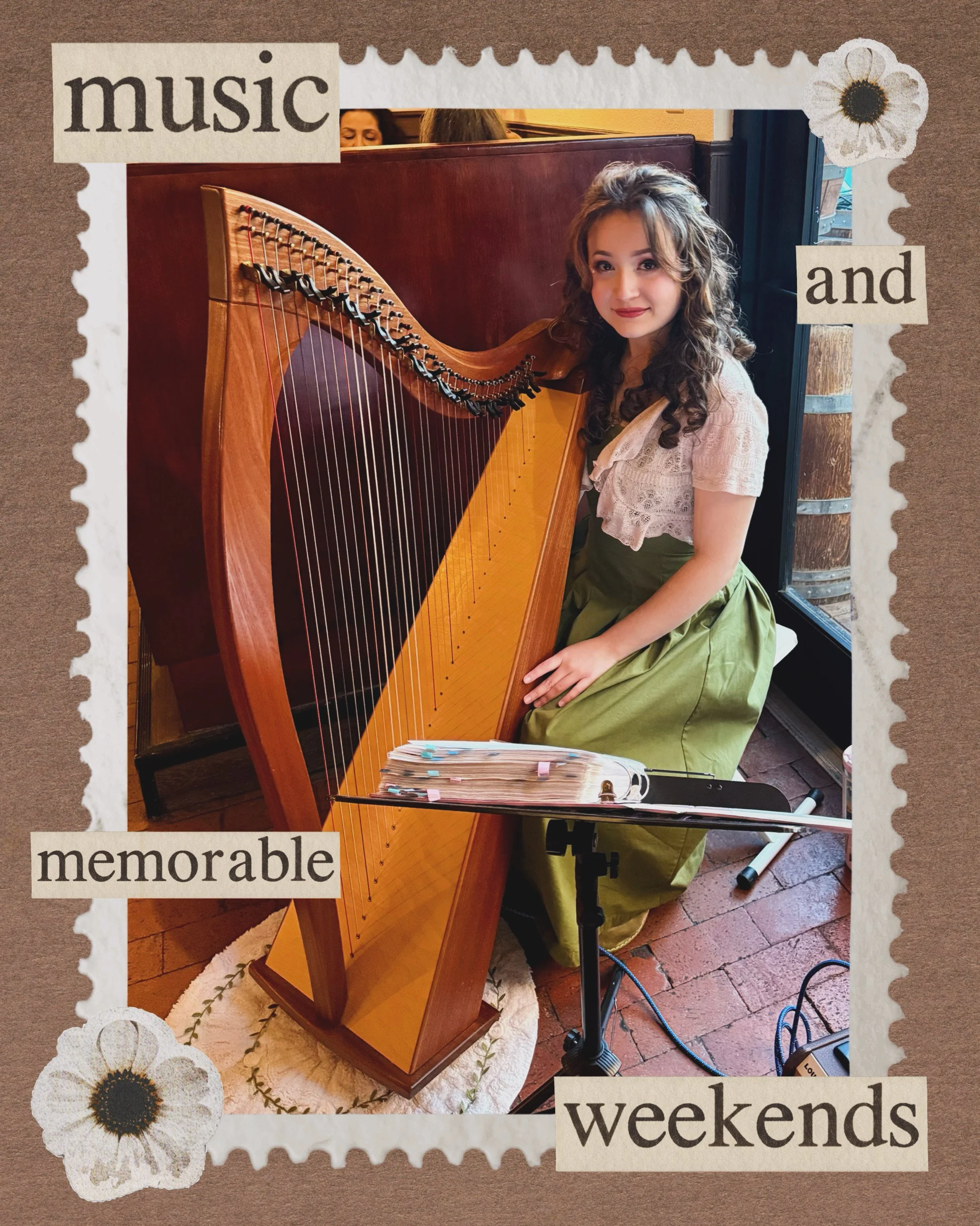A young woman with curly hair sitting next to a harp, in a cozy indoor setting near a window, with scrapbook-style text overlays reading 'music,' 'and,' 'memorable,' and 'weekends,' and decorative white flowers.
