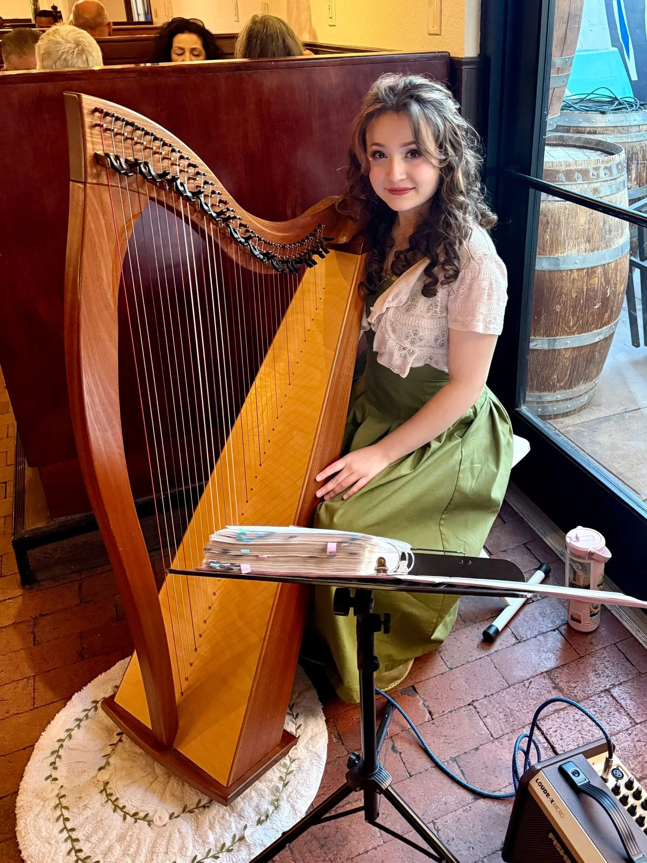 A young woman with curly brown hair sitting next to a harpsichord inside a restaurant or cafe. She is wearing a light pink blouse and a green skirt, and is smiling at the camera. Behind her, there are other patrons visible in the background, and outside the window, wooden barrels and outdoor decor can be seen. There is audio equipment on the floor next to her.