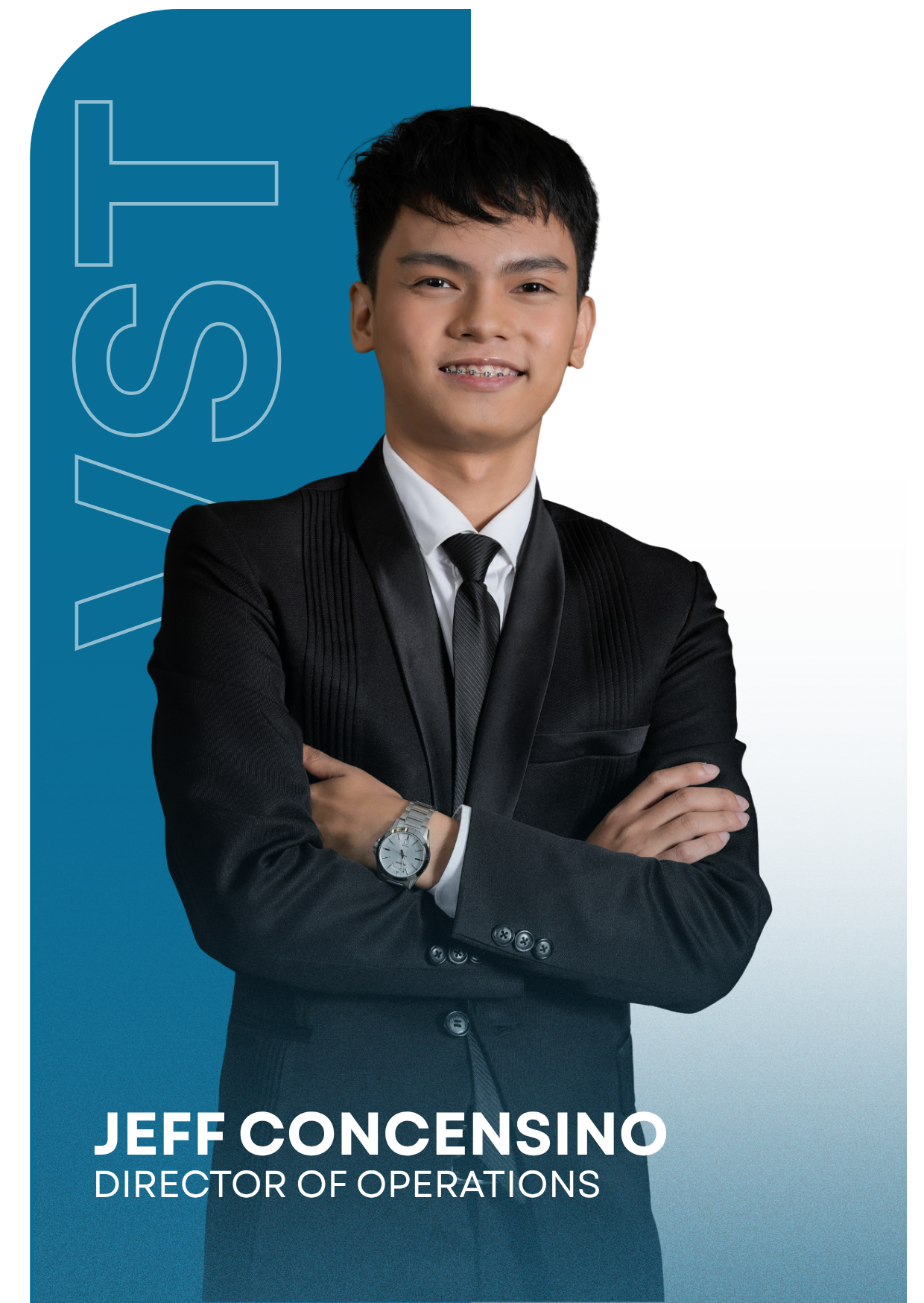A professional young man in a black suit and tie with crossed arms, wearing a watch, standing against a background with blue and white sections, with the text 'Jeff Concenso, Director of Operations' on the lower part of the image.