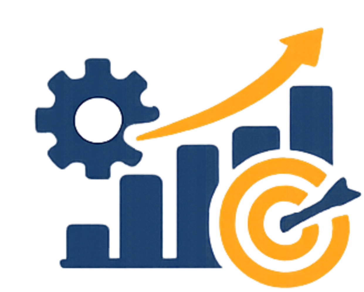 Graph with a blue gear icon and yellow upward arrow, representing business growth or analysis.