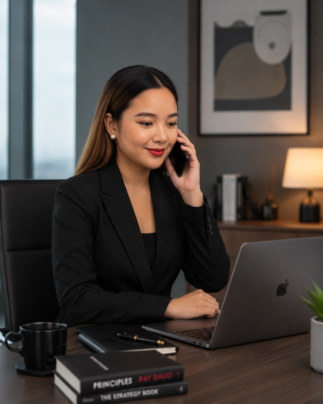 A woman with long brown hair, dressed in a black business suit, sitting at a desk in an office, talking on her mobile phone, with a laptop, a black coffee mug, a notebook, and a set of books on the desk.
