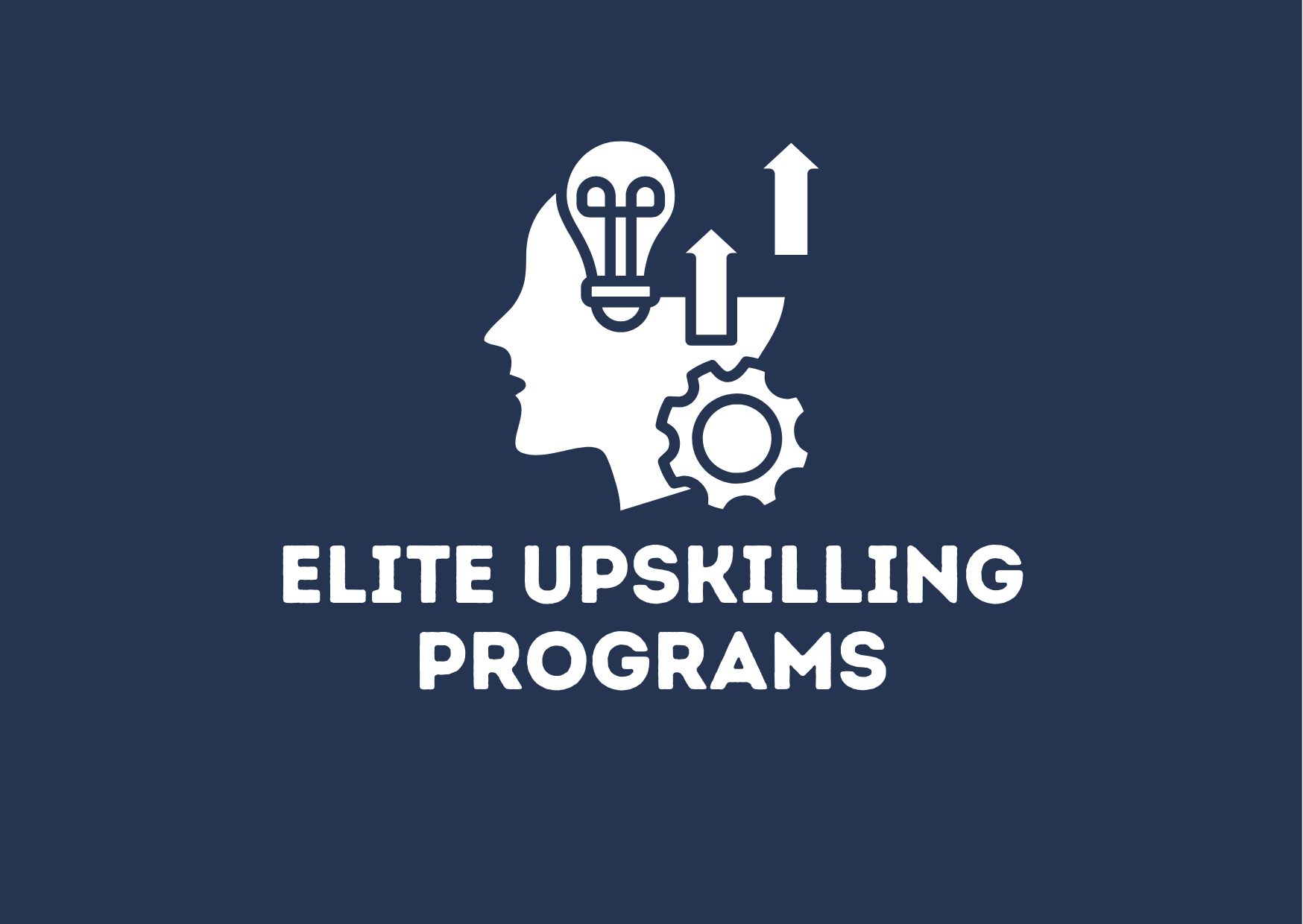 Logo for Elite Upskilling Programs, featuring a silhouette of a woman's head with a lightbulb and arrow icons, and a gear, on a dark blue background.