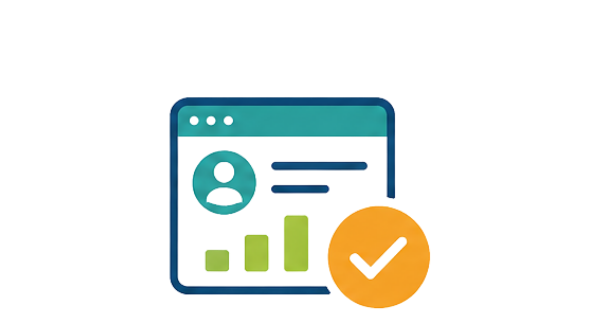 Digital illustration of a web browser window displaying a user profile icon, bar graphs, and a pie chart with a checkmark, symbolizing data analysis or online profile management.