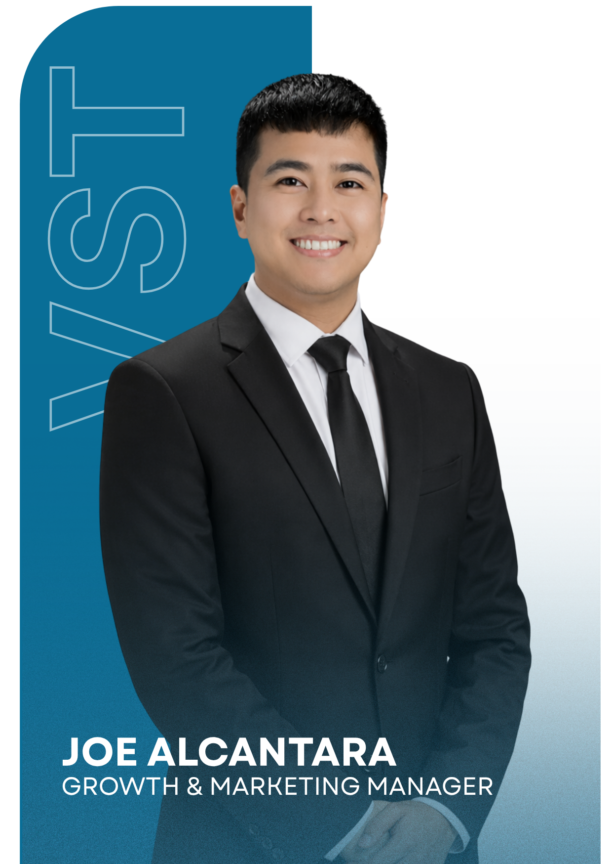 Professional portrait of a young man in a black suit and tie, smiling, standing in front of a blue and white background with text that reads "Joe Alcantara, Growth & Marketing Manager."