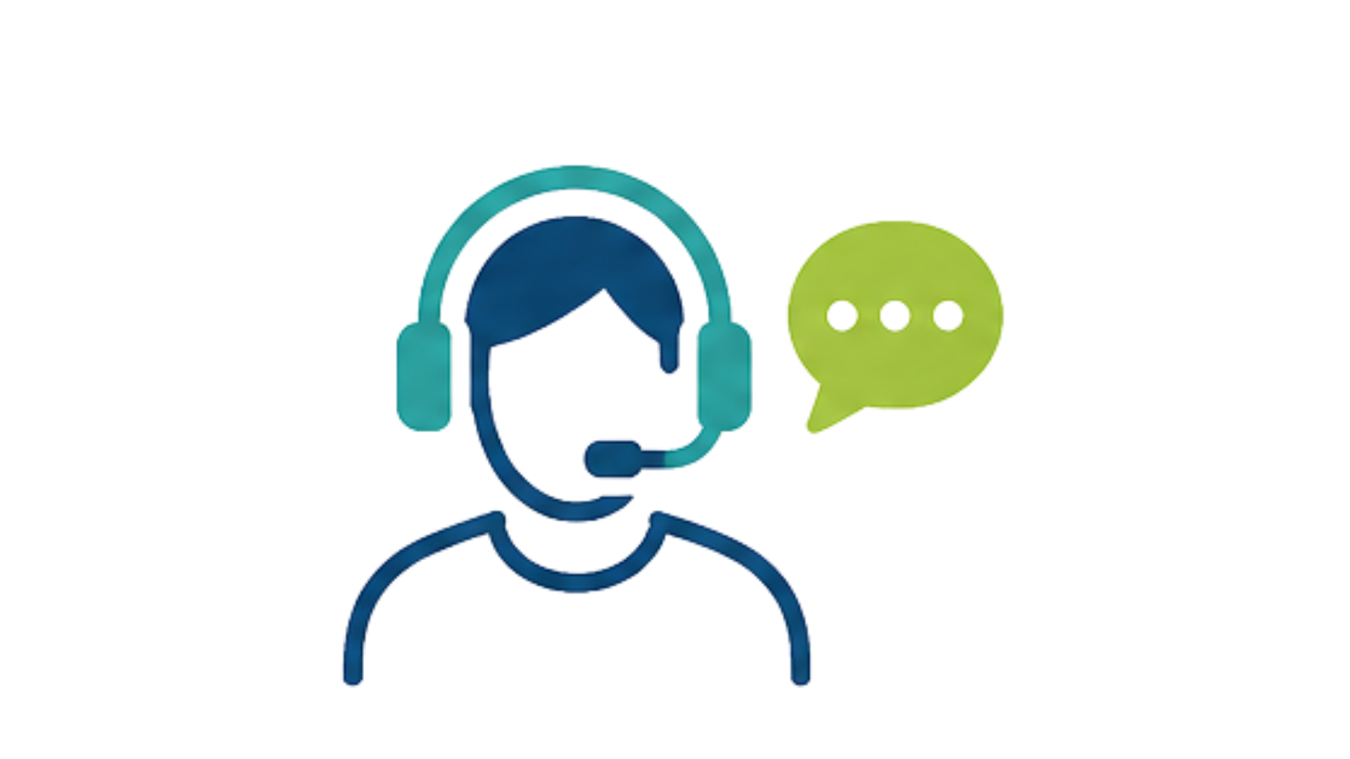 An illustration of a customer service representative wearing a headset, with a speech bubble representing communication.