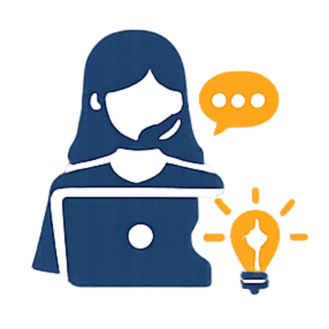 Illustration of a person wearing a hoodie, using a laptop with a speech bubble containing dots, and a light bulb icon nearby representing ideas or innovation.