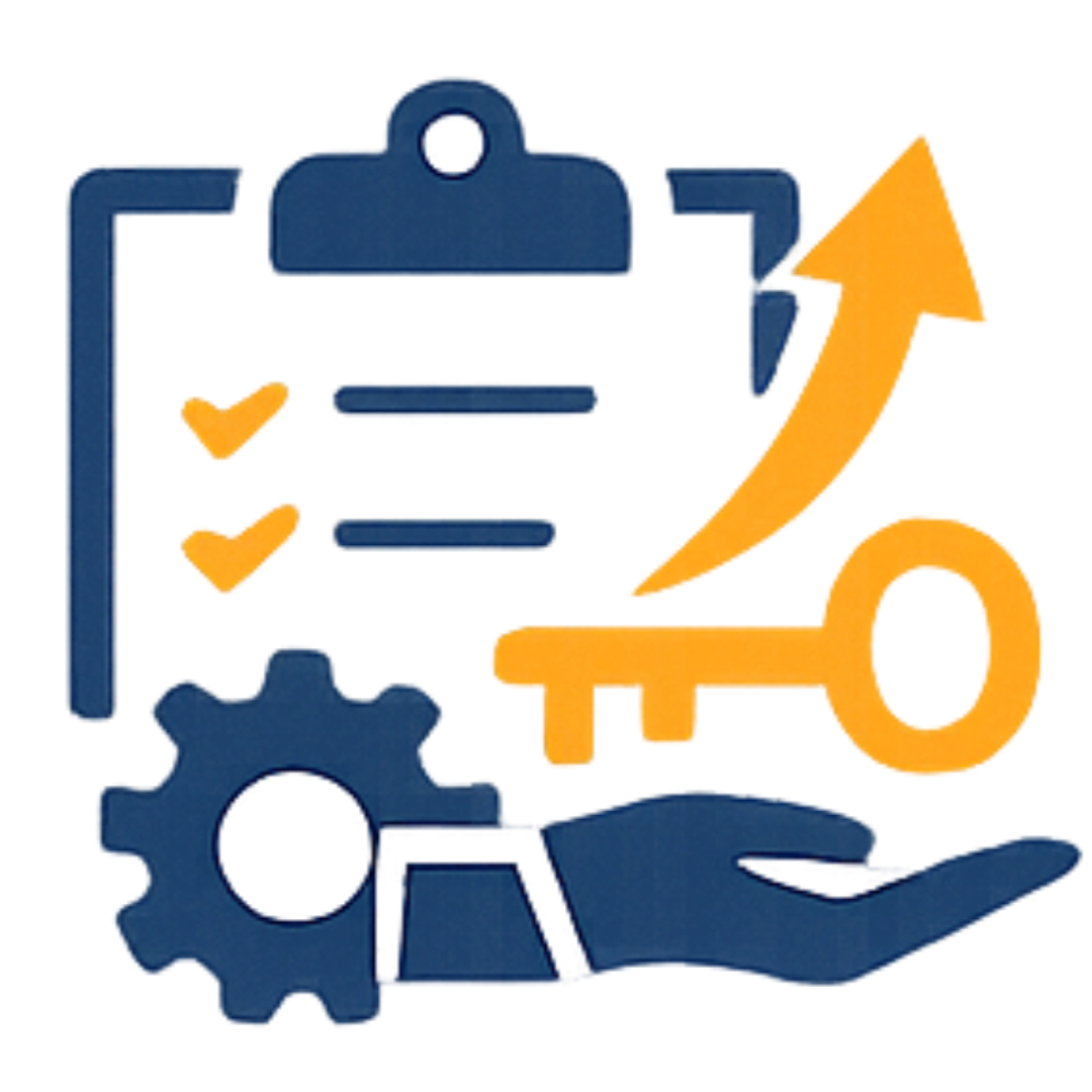 Icon of a clipboard with checkmarks, a gear, a hand holding a key, and an upward arrow, representing growth and progress.