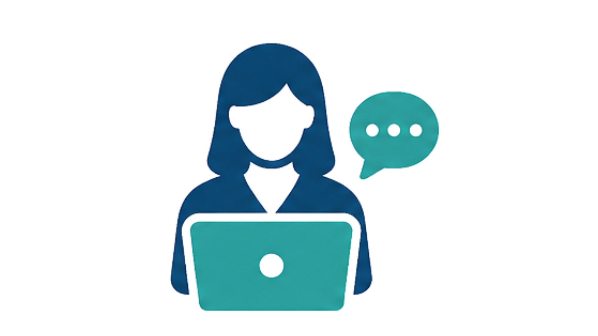 Digital illustration of a woman with long hair working on a laptop, with a chat bubble containing three dots indicating communication or messaging.