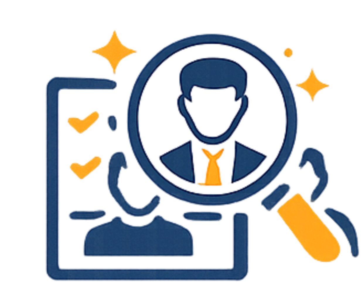 Digital illustration of a human resource or talent recruitment concept, featuring a person inside a magnifying glass, a clipboard with a checklist, a person icon, a magnifying glass, and sparkles, all in blue and yellow colors.